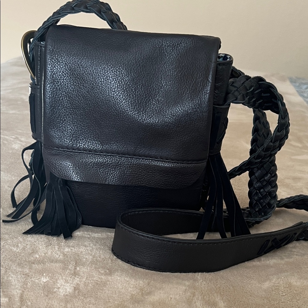 Nordstrom Navy Leather Fringe Crossbody Bag with Braided Strap